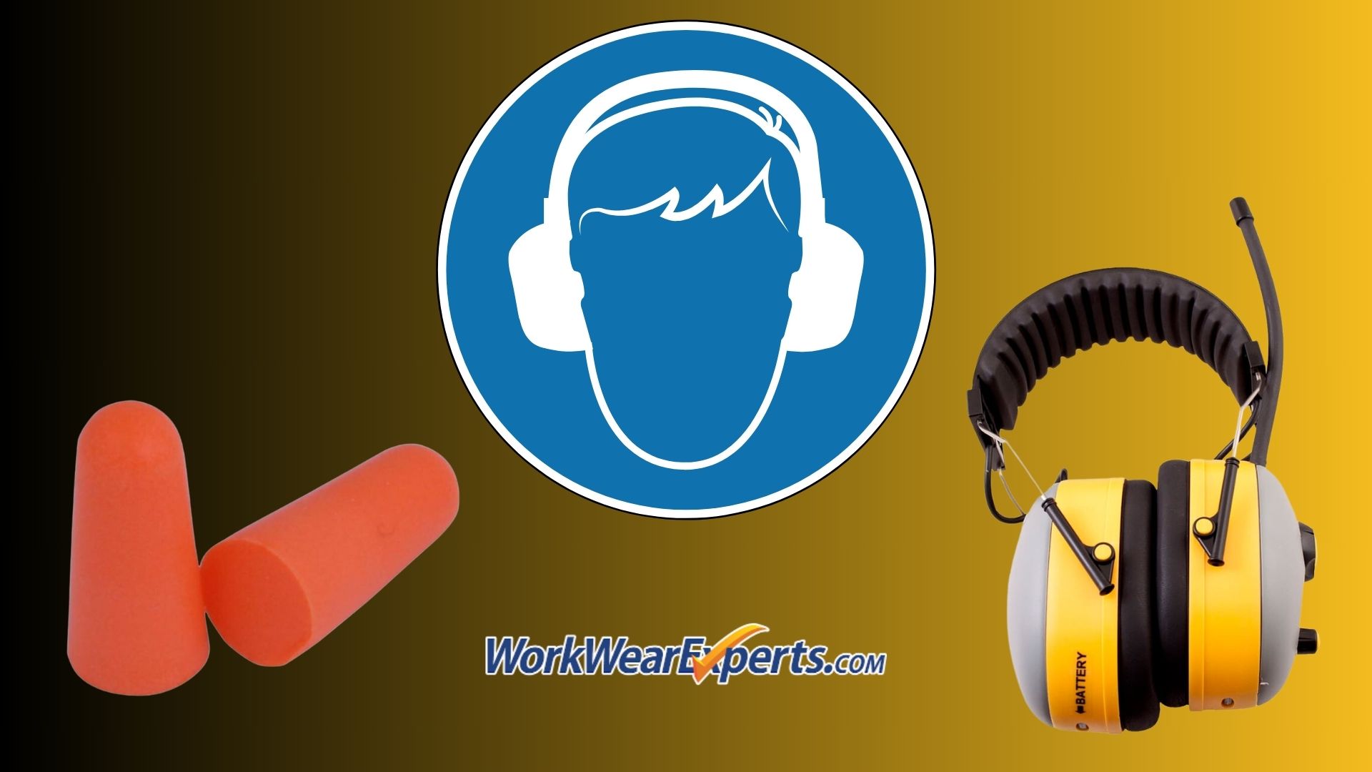 Noise protection sign with ear plugs and ear muffs on the sides